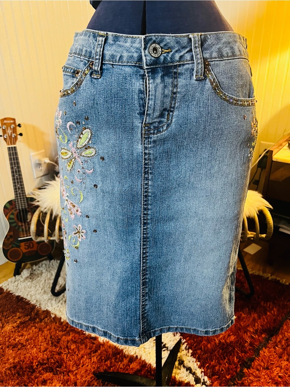 VTG Angels Light Blue Embroidered Denim Pencil Skirt